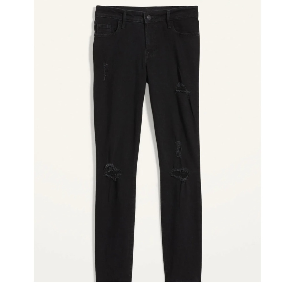 Old Navy Power Slim Straight High Rise 5-pocket Fray Ripped Black Jeans 2